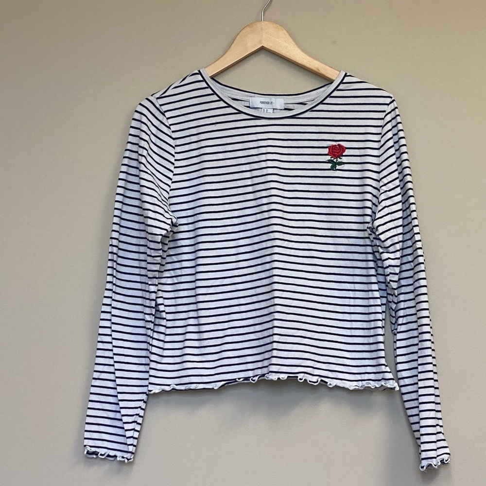 Striped long sleeve with embroidered rose